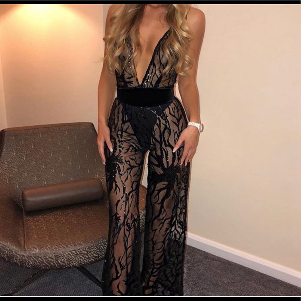 Embellished mesh jumpsuit